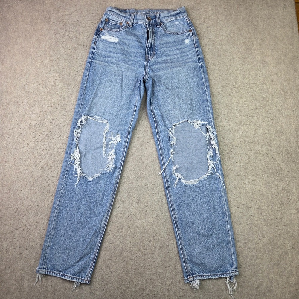 American Eagle‎ Strigid Baggy Highest Rise Jeans Womens 0 Short Blue Distressed